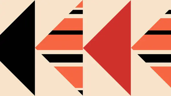 Siyah, kırmızı ve turuncu yönlü şekillerin dinamik grafiği. Bej arkaplanda gözü kamaştırıcı geometrik düzen ve kalın görsel akış.