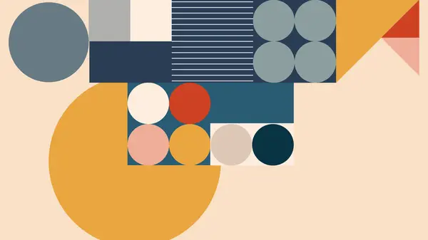 Renkli soyut geometrik düzende üçgenler, daireler ve koyu deniz mavisi tabanlı çizgiler var. Bauhaus 'un minimal tasarımından esinlenilmiştir.