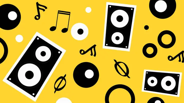 Siyah-beyaz hoparlörler, vinil plaklar ve sarıdan önce müzik şekilleri. Müzik içeriği ve gençlik görselleri için mükemmel.