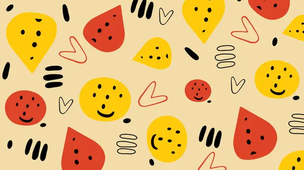 Gülen damlalar ve soyut el yapımı elementler neşeli sarı ve kırmızı tonlarda. Eğlenceli markalaşma ve çocuk görselleri için harika..