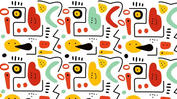 Renkli ve modern bir kompozisyonda tuhaf yüz ifadeleri ve tuhaf şekilleri olan cesur ve soyut, oyuncu elementler..