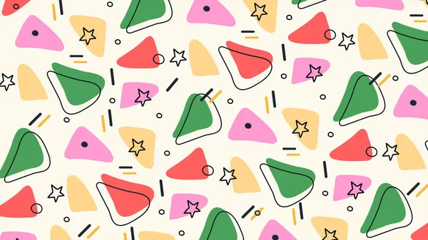 Yeşil, pembe, kırmızı ve sarı üçgen şekilli tuhaf soyut çizimler, krem rengi bir tabanda elle çizilmiş karalamalar ve anlamlı vuruşlar..