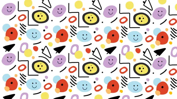Neşeli gülen yüzler ve beyaz arka planda canlı renklerde dinamik karalamalar olan oyuncu soyut tasarım. Yaratıcı ve neşeli temalar için ideal.