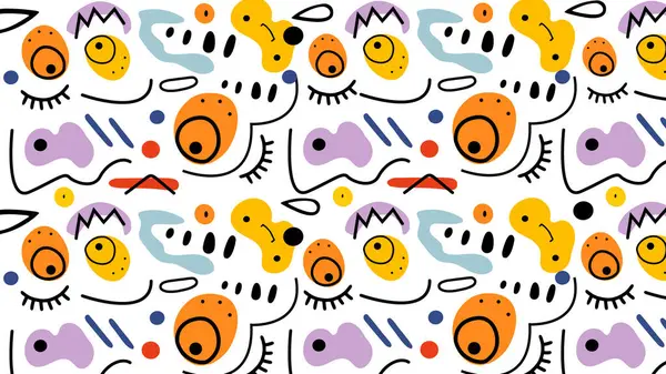 Komik yüz ifadeleri ve dinamik formlarla soyut şekiller içeren renkli bir kompozisyon. Çocuklar için ideal, markalaşma, ya da eğlenceli ve ilginç görsellere ihtiyaç duyan yaratıcı tasarım..