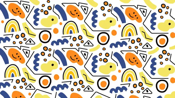 Beyaz arka planda canlı renklerle gülümseyen ve şaşırmış yüzlere sahip soyut karalamalar. Çocuk tasarımları, yaratıcı baskılar ve eğlenceli dekorlar için mükemmel..