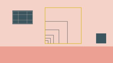 Yumuşak bir pastel arka planda yuva yapmış kareler ve ızgara elementleri içeren minimum soyut bileşim, temiz ve yapılandırılmış bir görsel sanat eseri oluşturur..