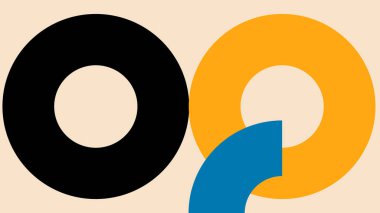 Siyah, turuncu ve mavi tonlarda üst üste binen dairesel şekilleri içeren modern soyut tasarım, nötr bej bir arkaplanda düzenlenmiştir..