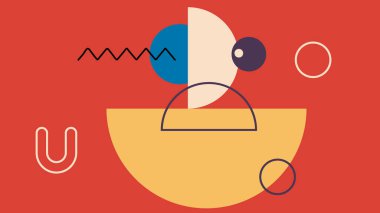 Renkli soyut tasarım, yarım daireler, çizilmiş şekiller, ve kırmızı arkaplanda neşeli çizgi aksanları, modern ve enerjik bir görsel kompozisyon oluşturur..