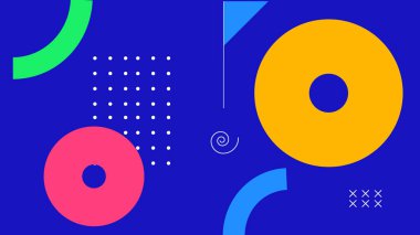 Renkli halkaları, spiralleri, noktalı ızgaraları ve koyu mavi arkaplan üzerinde cesur grafik unsurları olan oyuncu soyut geometrik sanat.