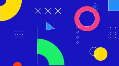 Renkli daireler, spiraller, üçgenler ve yaratıcı minimal şekilleri canlı mavi arkaplanda barındıran modern soyut geometrik arkaplan.