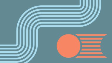 Dinamik kıvrımlı çizgiler ve kalın dairesel şekilleri içeren minimalist soyut tasarım sessiz bir deniz mavisi arkaplanı üzerinde, canlı ve gelecekten gelen görsel bir görünüm sunuyor..