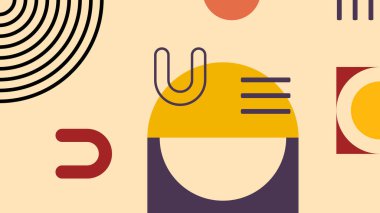 Dinamik bir görsel efekt için yumuşak bej arkaplan üzerinde canlı renklerde cesur geometrik şekiller, çizgiler ve yarı daireler içeren modern soyut kompozisyon.