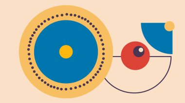 Bej bir arkaplan üzerinde noktalı dairesel formlar, geometrik segmentler ve renkli elementler ile minimum soyut kompozisyon, dengeli ve çekici bir görsel oluşturur.