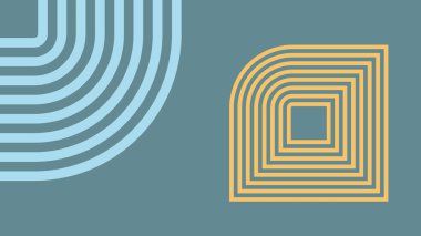 Dinamik ve yapılandırılmış görsel bir arkaplan üzerinde yuvarlak katmanlı çizgiler ve kalın eğimli kare şekiller içeren yaratıcı soyut sanat eserleri.