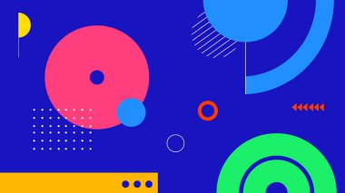 Renkli halkaları, daireleri, spiralleri ve dinamik şekilleri olan parlak soyut geometrik arkaplan derin mavi bir temele modern enerjili bir görünüm yaratıyor..