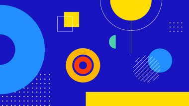 Renkli daireler, kareler, çizgiler ve parlak mavi arkaplan üzerinde yaratıcı modern şekiller içeren parlak soyut geometrik sanat eserleri.