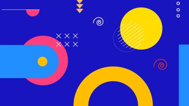 Parlak daireler, oklar, spiraller ve modern yaratıcı elementlerle dinamik soyut geometrik tasarım canlı mavi bir arkaplan üzerinde.