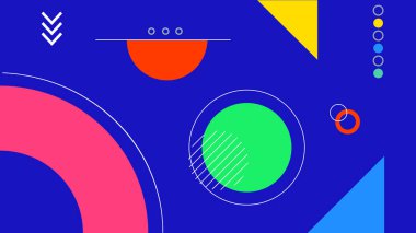 Renkli daireler, üçgenler, oklar ve derin mavi tuval üzerinde minimalist oyuncu şekillerle yaratıcı soyut geometrik arkaplan.