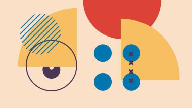 Çeyrek daireler, kırmızı ve mavi geometrik formlar ile modern soyut kompozisyon, ve yumuşak bej arka plan üzerinde üst üste binen elementler cesur ve oyuncu görünüm.