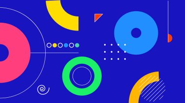 Modern mavi arkaplanda renkli daireler, çizgiler, spiraller ve eğlenceli dinamik şekillerle canlı soyut geometrik kompozisyon.