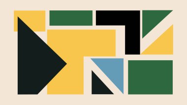 Modern şebeke bileşimlerinden esinlenerek sarı, yeşil, siyah ve mavi üçgenler içeren yaratıcı soyut sanat eserleri.