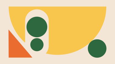 Açık arkaplanda koyu sarı, turuncu ve yeşil geometrik şekillere sahip renkli soyut çizimler. Modern sanat, tasarım şablonları ve dijital projeler için mükemmel.