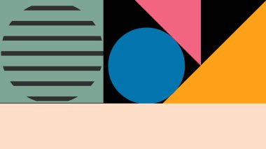 Modern bej arka planda çizgili daire, mavi ve sarı şekiller içeren minimum geometrik çizimler. Moda ve cesur yaratıcı projeler için mükemmel.