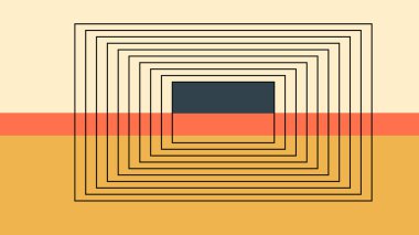 Yuva yapmış kare çizgilerin geometrik sanatı retro turuncu, bej ve sarı arkaplan üzerine kuruludur. Soyut tasarım ve modern görseller için ideal.