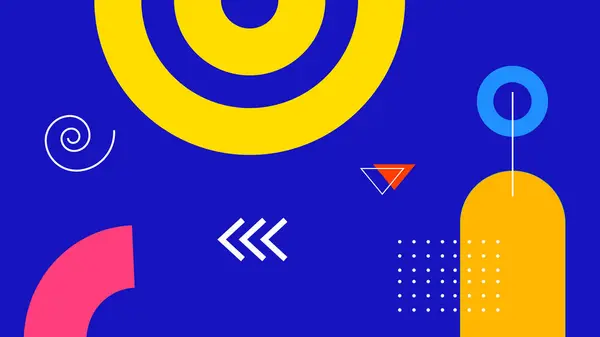 Mavi zemin üzerinde dinamik şekiller, kalın daireler, oklar ve modern minimal elementlerle canlı soyut geometrik arkaplan.