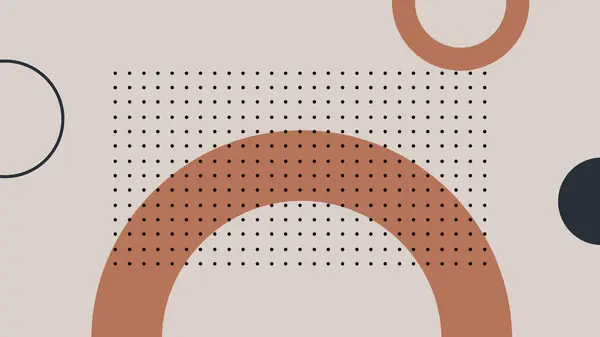 Çağdaş ve dengeli bir görsel ifade için bej arkaplan üzerinde koyu yay şekilli, dairesel aksanlı ve noktalı yapıya sahip modern soyut tasarım.