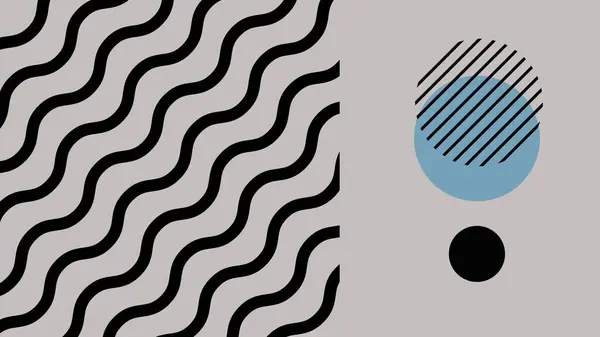 Modern bir görsel efekt için nötr gri arka planda daireler çizen siyah dalgalı çizgiler ve kalın geometrik elementler içeren yaratıcı soyut sanat eserleri.