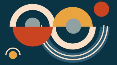 Bölünmüş dairesel şekil ve çizgilerin renkli soyut bileşimi. Yaratıcı tasarım projeleri, web geçmişleri ve modern markalaşma görselleri için mükemmel..