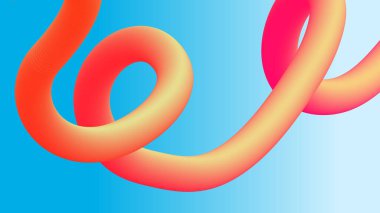 Parlayan turuncu-kırmızı bir 3D tüp, pürüzsüz eğimli mavi arka planla kesişir. Teknolojik temalar ve yaratıcı medya için enerjik görsel mükemmel.