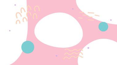 Yumuşak pembe soyut arka plan kıvrımlı beyaz alanlar, mavi daireler ve eğlenceli pastel karalamalar. Çocuklar için ideal tasarım ve yaratıcı görseller.