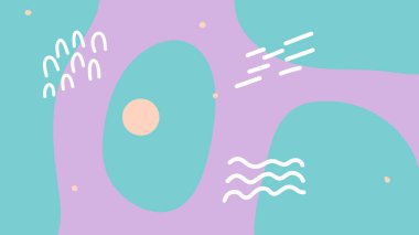 Yumuşak pembe arkaplan, akan mor formlar ve şakacı mavi ve beyaz karalamalar. Modern dijital ve baskı kullanımı için temiz ve modaya uygun bir soyut.