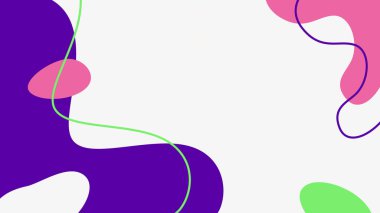 Pembe ve mor renkli eğlenceli organik şekilleri beyaz arka plan üzerinde yeşil kıvrımlı aksanlarla birleştiren pürüzsüz bir tasarım..