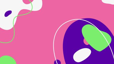 Pembe arka plan, koyu yeşil, mor ve beyaz şekilli anlamlı kıvrımlar ve oyuncu enerjiye sahip canlı bir tasarım..