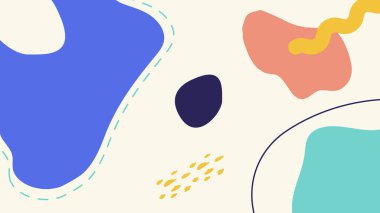 Çağdaş yaratıcı tasarım projeleri için ideal, soyut renkli şekillerin ve karalamaların oyuncu kompozisyonu.