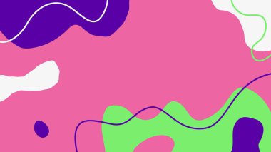 Yeşil, beyaz ve mor organik formlarla dinamik pembe kompozisyon ve enerji ve oyunculuğu çağrıştıran kıvrımlı çizgiler..