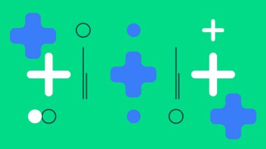 Parlak, soyut sanat eserleri, neşeli artı işaretler, noktalar ve parlak yeşil bir zemin üzerinde daireler. Teknoloji temaları, web görselleri ve marka tasarımı için ideal.