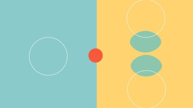 Yarı bölünmüş, pastel mavi ve sarı alanlar, ortasında kırmızı daire ve soyut şekiller..