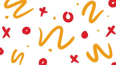 Soyut turuncu ve kırmızı karalama işaretleri ve şekiller beyaz arka planda neşeli bir kompozisyonda dağılmış..