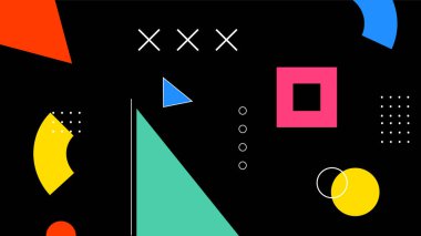 Soyut renkli üçgenler, kareler ve siyah daireler. Modern tasarım, yaratıcı markalaşma ve dijital görseller için ideal.