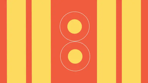 Dikey soyut yerleşim turuncu ve sarı bloklar eşmerkezli daireler ve grafik çizgilerle.