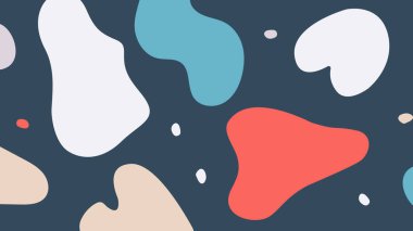 Mavi, kırmızı ve bej renkli sıvı damlaları olan oyuncu ve soyut bir arka plan. Yaratıcı projeler ve görsel markalaşma için modern tasarım.