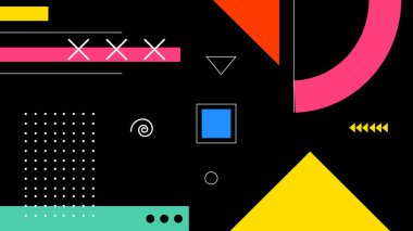 Siyah üzerine noktalar ve oklar olan parlak minimalist şekiller. Enerjik marka görselleri ve modaya uygun dijital kompozisyonlar için harika..