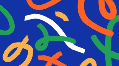 Modern soyut karalama tasarımı kalın mavi üzerine sıcak tonlarda ifade eden kıvrımlar. Yaratıcı görsellik ve markalaşma için harika..