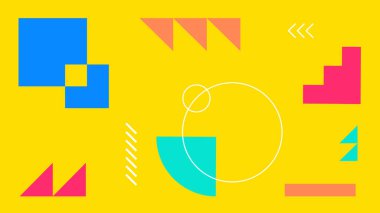 Açısal şekilleri, daireleri ve canlı tonlarda çizgileri olan soyut tasarım. Modern grafikler ve genç markalar için mükemmel..