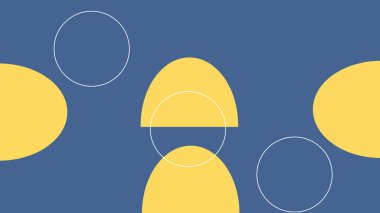 Kalın mavi ve sarı geometrik şekiller, yarı daireler ve elipslerle modern minimalist bir tasarım..