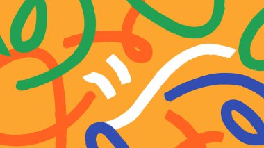 Sarı arkaplana yeşil, kırmızı ve mavi renkli oyuncu soyut karalamalar. Yaratıcı markalaşma ve eğlenceli tasarım projeleri için mükemmel..